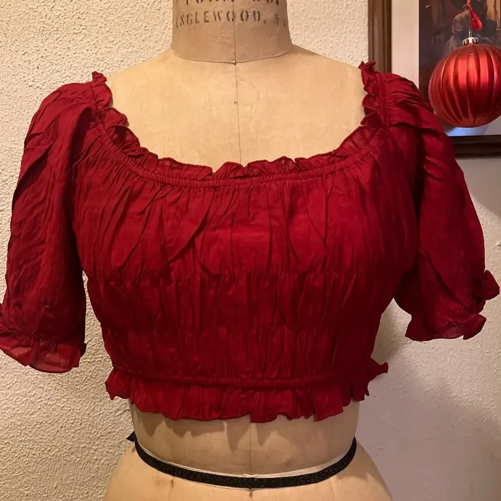 Dark Red Square Neck Ruffled Lantern Sleeve Cropped Top NWT Size L - Picture 2 of 10